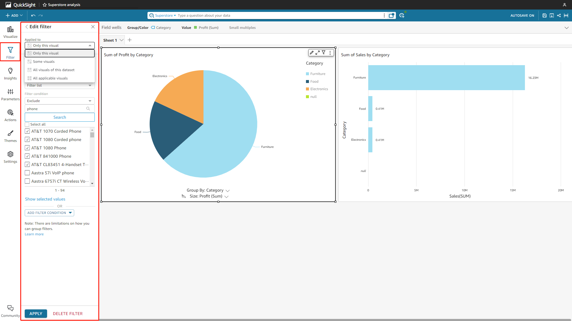 Figure 2-26 Analyses filter - Amazon QuickSight